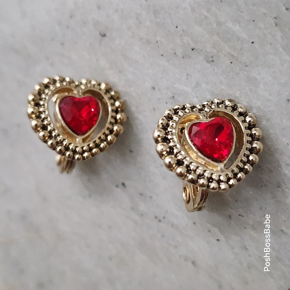 Vintage TJG Red Heart Clip-On Earrings | Gold Tone Beaded Border
